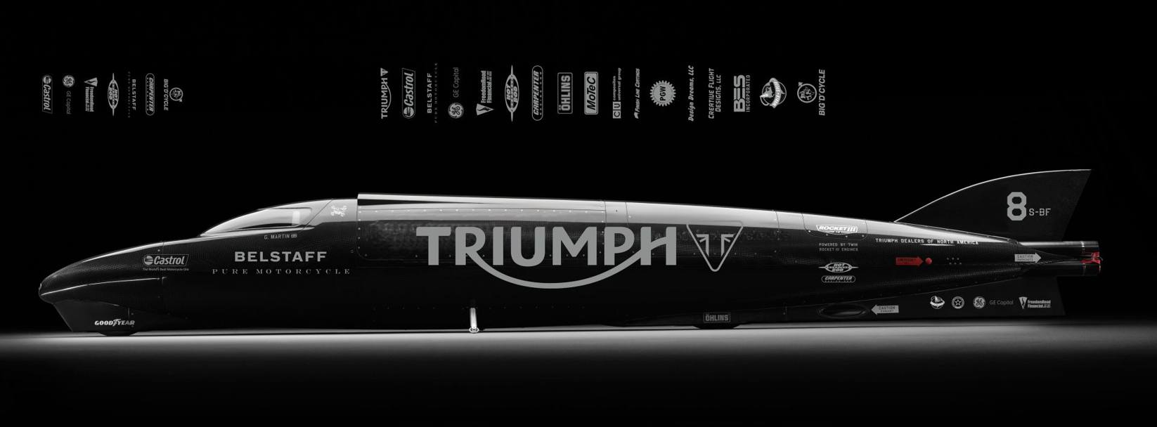 Lo streamliner Triumph che tenter il record  una motocicletta lunga 7,77 metri, larga appena 60 cm e alta 91 cm . La monoscocca  in Kevlar e i due motori turbocompressi sono alimentati a metanolo, derivati dalla dotazione di serie della Triumph Rocket III, per una potenza complessiva di 1.000 cv a 9.000 giri. 